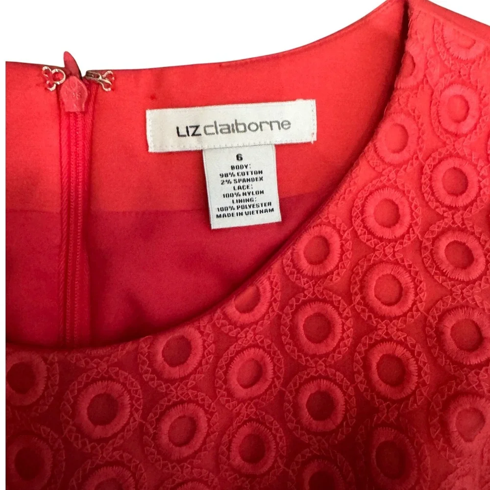 Liz Claiborne Coral Pink Eyelet Lace Fit & Flare Dress Sleeveless Pockets Size 6